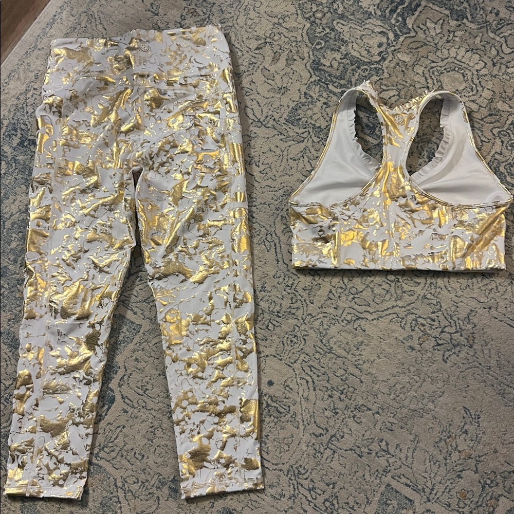 Lilly Pulitzer Luxletic Gold and White leggings and bra set LARGE - Picture 2 of 5